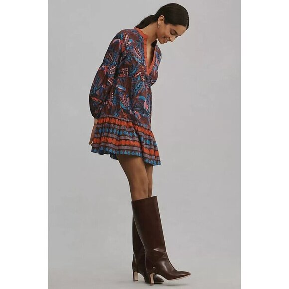 NWT FARM Rio x Anthropologie Toucan Printed Mini in Red Blue V-Neck Dress M $198 - Picture 5 of 6